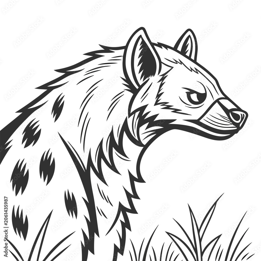 Obraz premium Spotted hyena, black and white vector illustration, wild animal, safari style icon