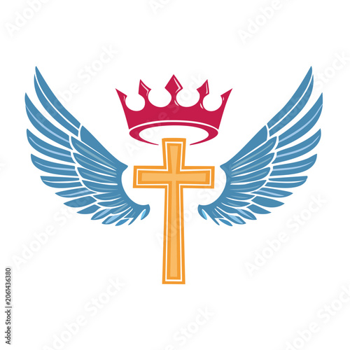 Christian cross with wings and crown icon