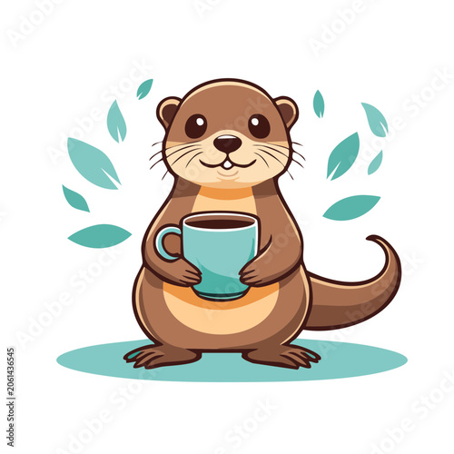 Cute cartoon otter holding a coffee cup
