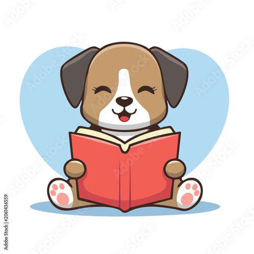 Cute cartoon puppy reading a red book