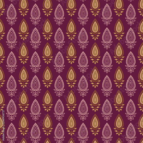 a purple and gold paisley pattern.Seamless Paisley Pattern on Dark Red Background