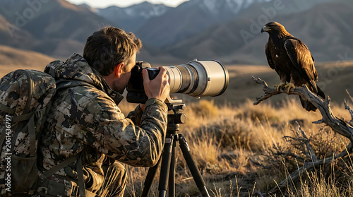 Man in camouflage taking photo of eagle perched on branch in field