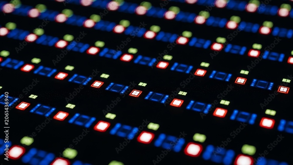 Fototapeta premium Technology - Extreme Macro Close Up of RGB LED Display Pixels Glowing Red Green Blue on Dark Background