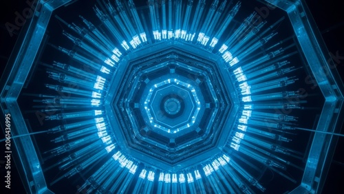 Technology - Futuristic Octagonal Sci-Fi Tunnel with Glowing Blue Neon Lights and Symmetrical Geometric Pattern