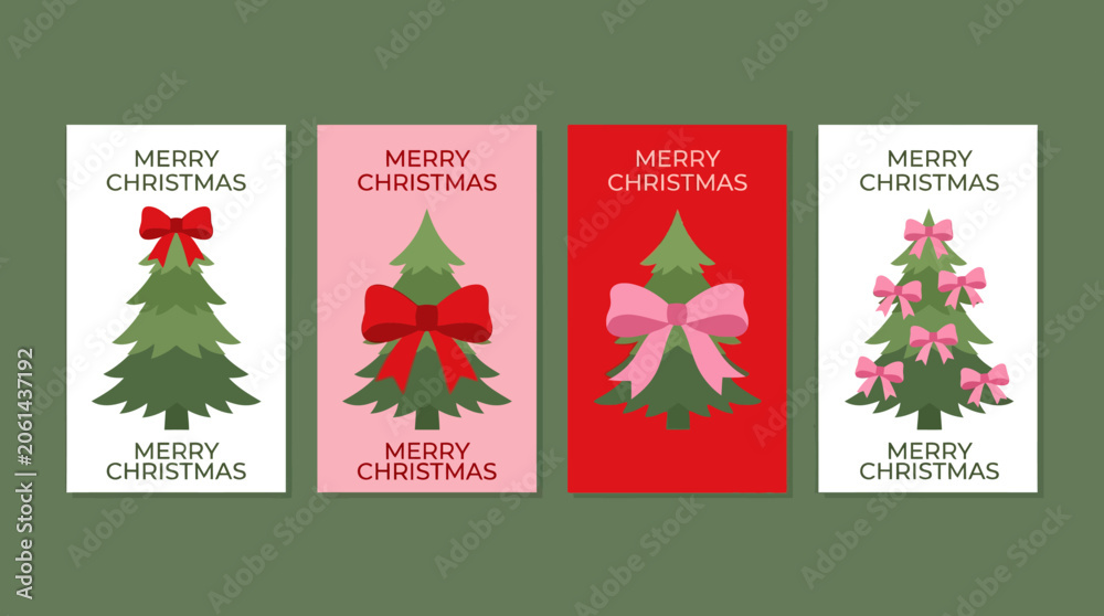 Naklejka premium Set of cute Christmas tree greeting card designs with bows and ribbons on colorful backgrounds