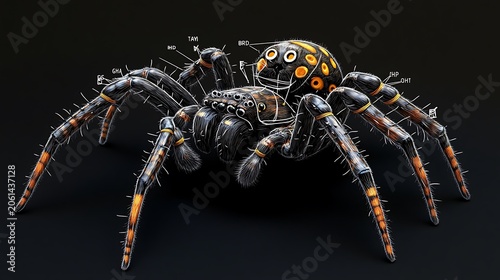 Close up detailed macro shot of black and yellow spider with hairy legs on dark background in dramatic lighting