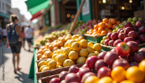 colorful display of fresh fruits in baskets at a marketplace with people in the background shopping for healthy food