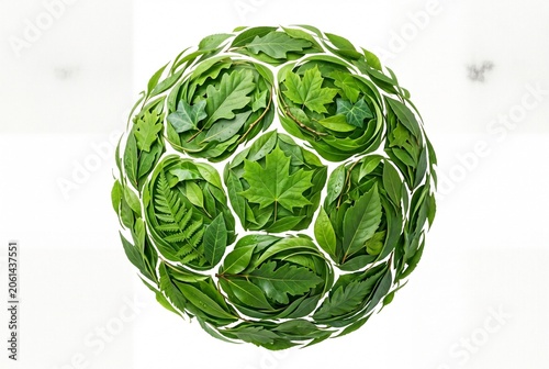 A spherical ball made of various green leaves shaped like a soccer ball isolated on a bright white background representing ecology and environment