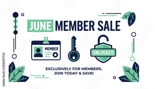 June Member Sale Banner with Green and Blue Design Elements.