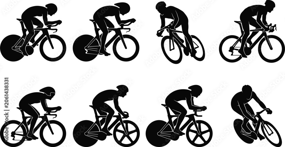Obraz premium Professional cyclist silhouettes set featuring road bike racers in aerodynamic time trial poses isolated on white background