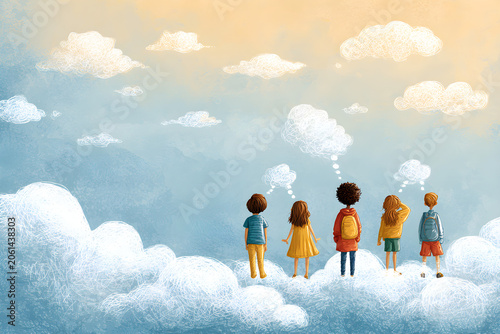 Children standing on clouds with thought bubbles representing dreams, education, and future aspirations.
