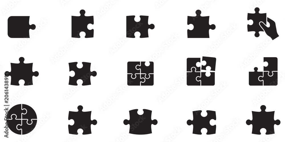 Naklejka premium Puzzle piece icon set. Jigsaw business solution symbol. Teamwork integration connection logo. Game element strategy sign. Vector illustration. Vector Graphic. EPS 10