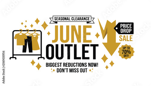 June Outlet Sale Banner with Clothing and Discounts.