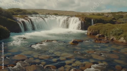 Water flows over rocks at a waterfall in a natural setting during daylight near a river surrounded by greenery