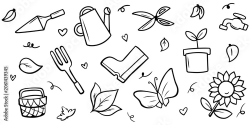 Foto Hand drawn gardening tools vector doodles set containing trowel watering can she