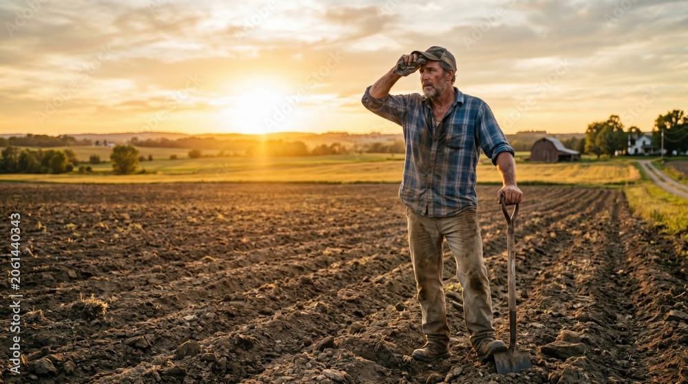 Fototapeta premium Tired farmer wiping sweat with shovel preparing soil in field at sunset.