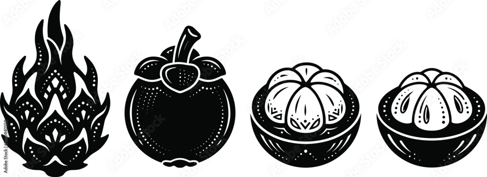 Obraz premium Dragon fruit and mangosteen black silhouette icon set with whole exotic fruits and cut open halves isolated on white background vector