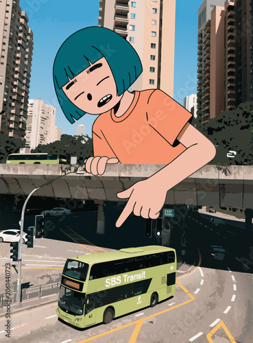 Giant cartoon girl pointing at public bus on urban city street in singapore with pointing building illustration daylight perspective transportation architecture metropolis character creative