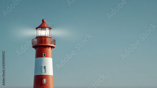 A tall, red and white striped lighthouse stands against a clear blue sky, its light beam shining brightly