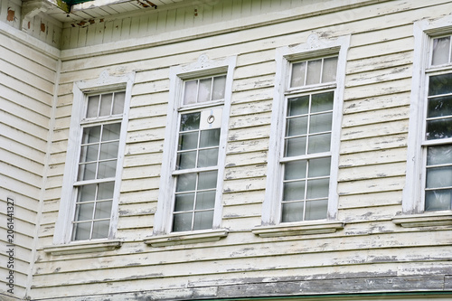 Close-up of the building from the view of street in Sapporo, Hokkaido, Japan. Building exterior. Background use. Cityscape and travel scene.