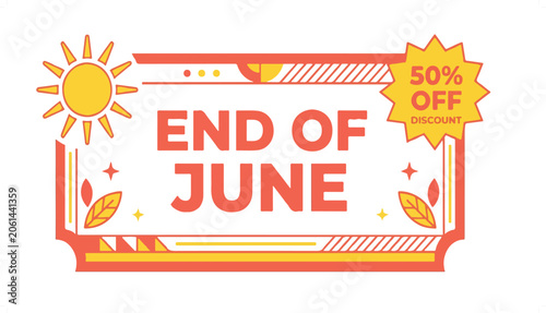 Colorful End of June Sale Banner with Sun and Discount Tag.