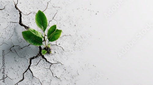 A young plant growing through a crack in dry, arid earth. The green leaves stand out against the pale, textured ground, symbolizing resilience and new life