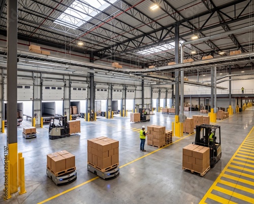 Logistics Robot Workflow Area with automated mobile robots and shipping workflow, eye-level view for Supply Chain Automation Promotion