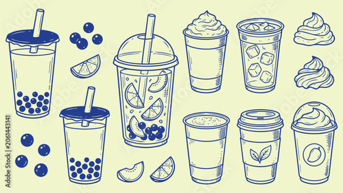 Cold drinks and bubble tea hand drawn doodle set with boba milk tea smoothie iced coffee cup straw dessert drink vector illustration