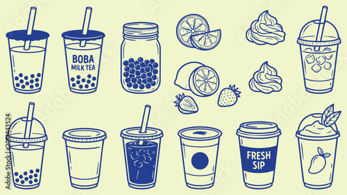 Bubble tea and boba drink hand drawn doodle set with milk tea cup fresh sip smoothie cold drink summer beverage vector illustration