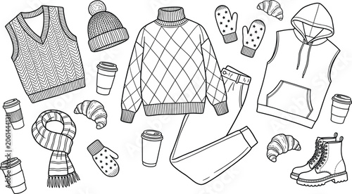 Tableau sur toile Winter clothing and accessories vector illustration with sweaters, hats, mittens