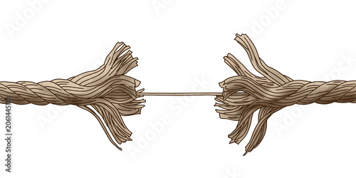 Fraying rope breaking apart with only one thin thread holding it together. Concept of stress, crisis, danger, and being at a breaking point