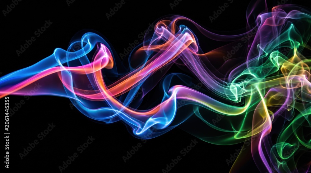 Obraz premium Colorful smoke swirls in vibrant hues of blue, pink, green, and yellow against a dark background, creating an abstract visual representation of tobacco smoke
