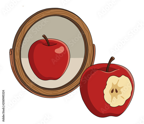A bitten red apple looking at its perfect reflection in a mirror. Concept of illusion, hiding flaws, self-deception, and false perfection
