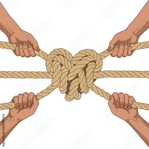 Four hands pulling ropes tied into a heart-shaped knot. Concept of teamwork, unity, collaboration, and strong relationship bond