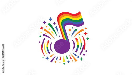 Colorful musical note with rainbow flag and confetti design.