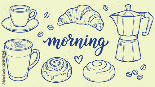 Tableau sur toile Morning cafe moka pot and croissant hand drawn doodle set with coffee cup cinnam
