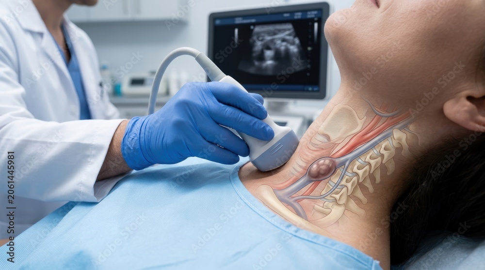 Fototapeta premium Doctor performs ultrasound scan on patient's neck, highlighting anatomical structures and a nodule