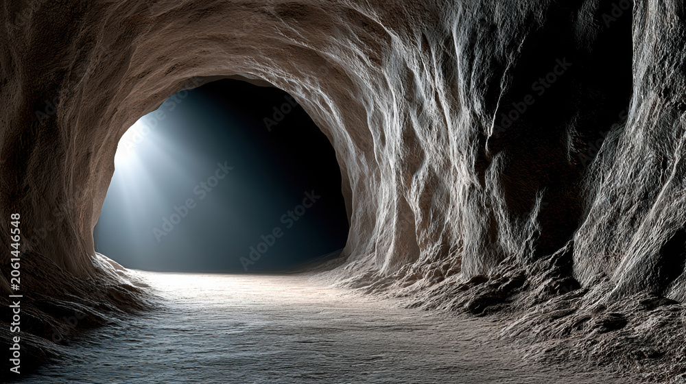 Fototapeta premium Underground tunnel dark cave stone wall textured surface natural light mysterious empty shadow entrance exploration