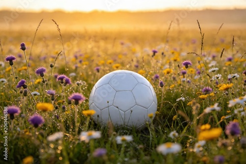 Soccer Ball Wildflower Meadow Golden Sunset Nature Sport