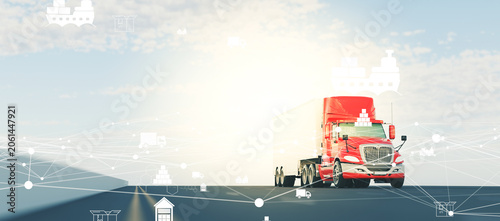 global logistics plexus network graphic overlay, intelligent commercial freight transportation and internet of things IoT fleet management visual.