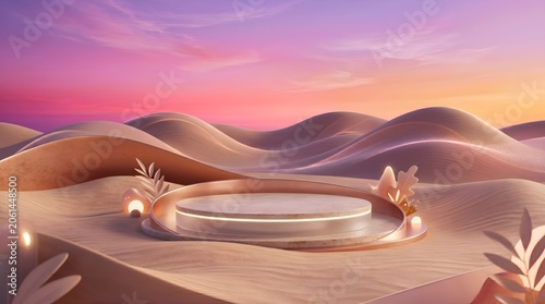 Luxury Abstract Sand Dunes and Rolling Hills with Magenta Gradient Sky and Circular Display Podium for Cosmetic Product Showcase