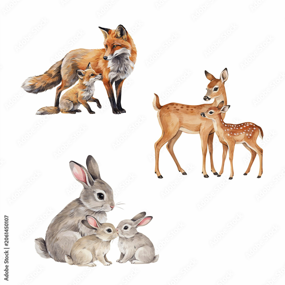 Fototapeta premium Mother animals and their young including a fox, deer, and rabbit are shown in a natural setting.