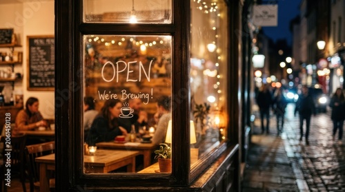 Cozy Coffee Shop at Night with Open Sign