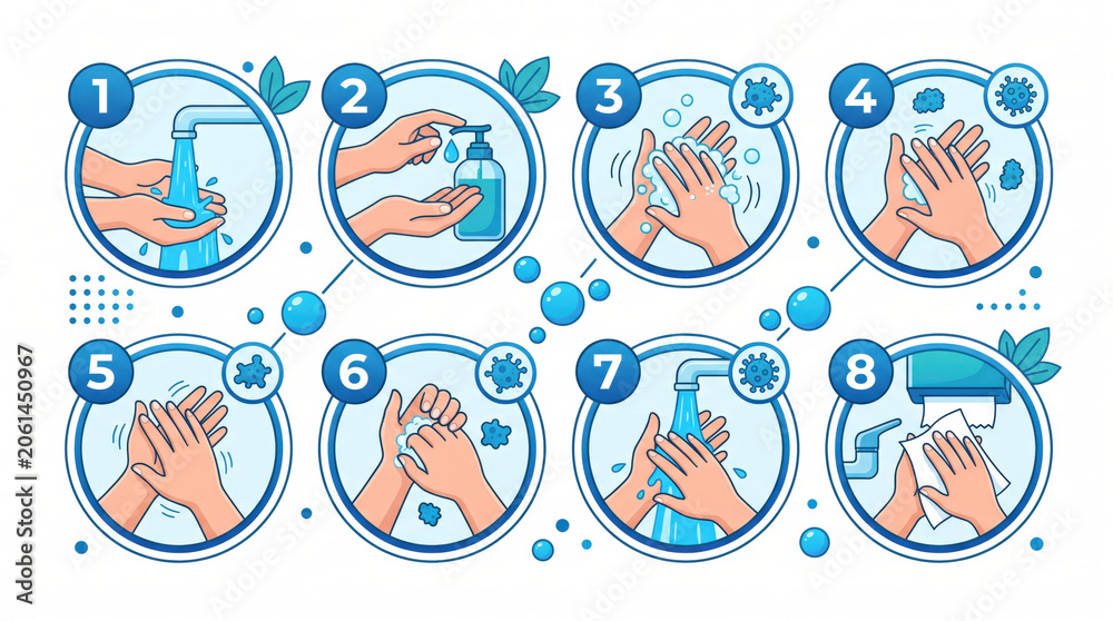 Fototapeta premium Illustrated steps for effective handwashing technique with soap and water, showing hands under running water and various stages of washing process in a clear, instructional format