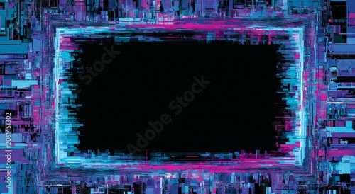 Abstract Glitch Art Frame with Neon Blue and Pink