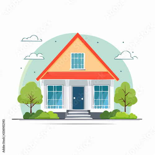 Cartoon House with Red Roof and Green Trees