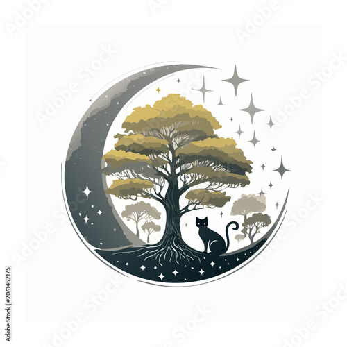 Cat under tree and crescent moon illustration