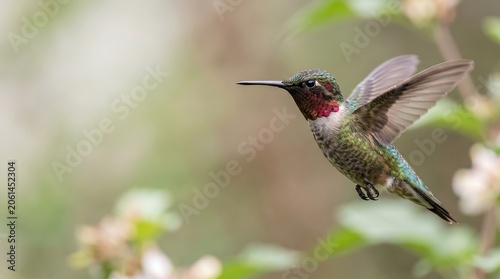 Broad tailed hummingbird hovering in flight with wings spread