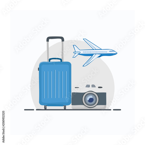 Flat design travel icons with suitcase airplane and camera