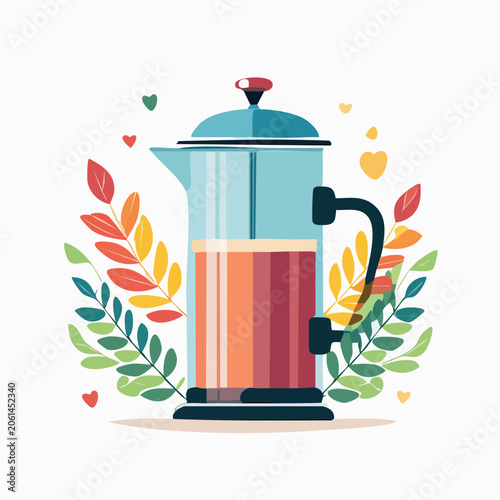French Press Coffee Maker with Autumn Leaves and Hearts